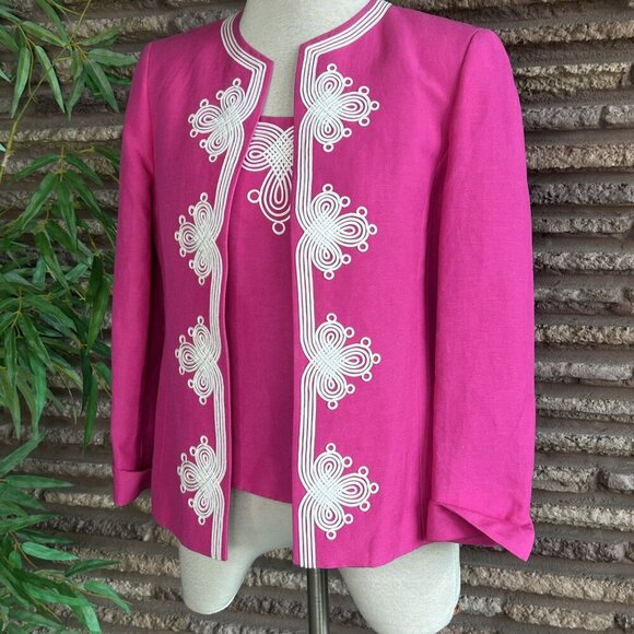 Kasper Bright Pink White Linen Blend Embroidered Scroll Jacket and Shell Outfit - Picture 7 of 12